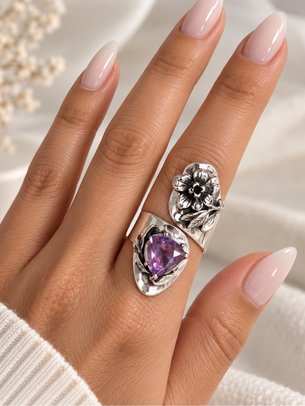 Sterling Silver Floral Ring with Amethyst Gemstone